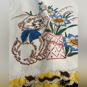 Vintage Pillow Cases Embroidered Kitten Floral Linen CrochetTrimWhite BlueYellow